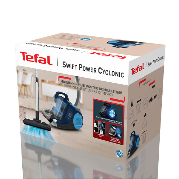 Пылесос Tefal "Swift Power Cyclonic" TW2971, сухой, контейнер, 750Вт, синий — фото 1