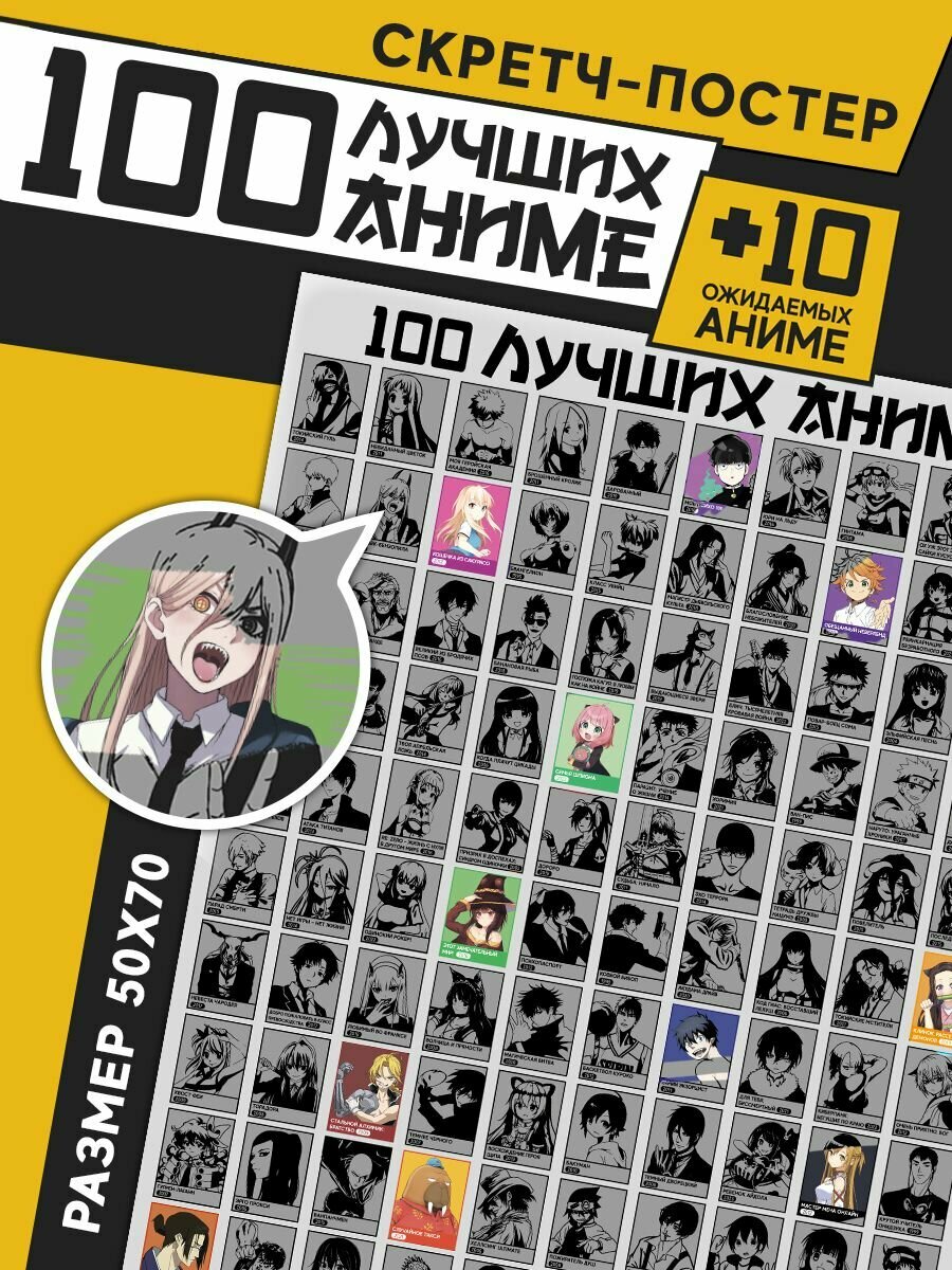 Скретч постер настенный 100 аниме сериалов. Плакат для интерьера 50х70 см