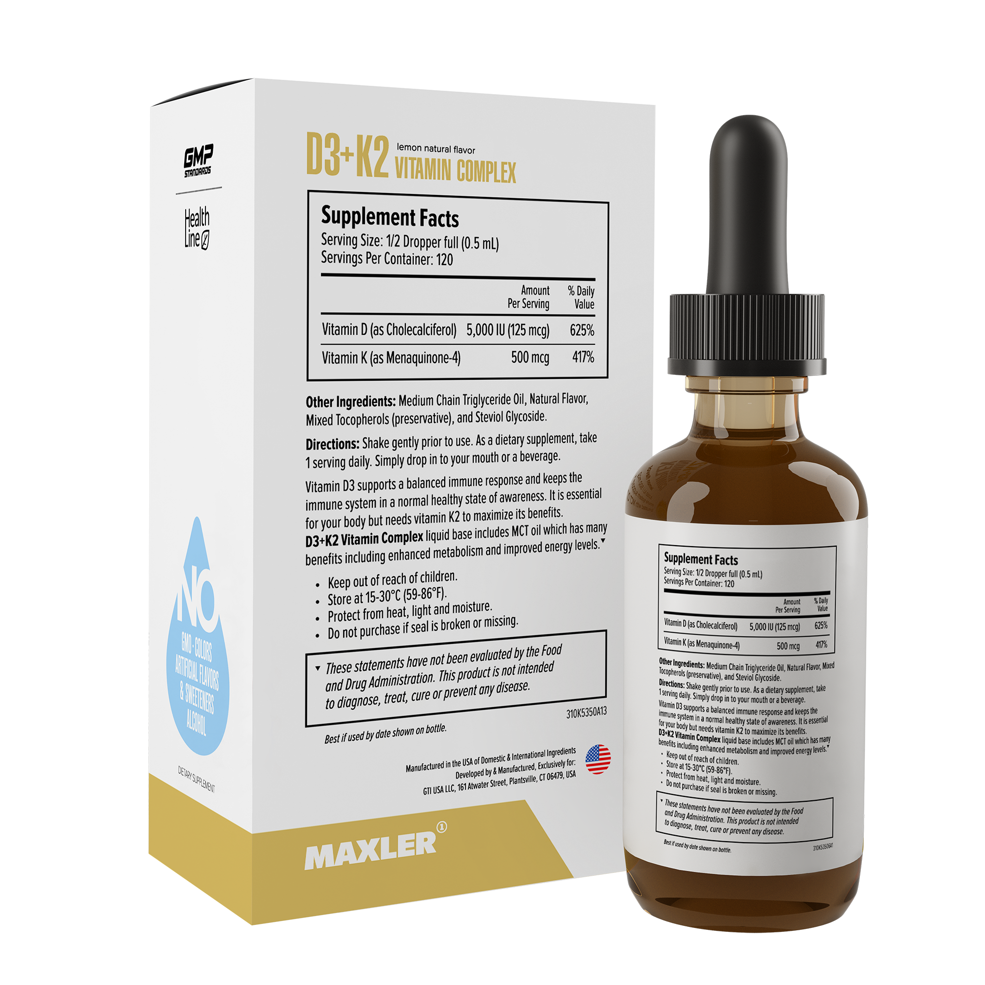 Картинки Витамин Д3 и К2 MAXLER D3 + K2 Vitamin Complex, Лимон, 60 мл