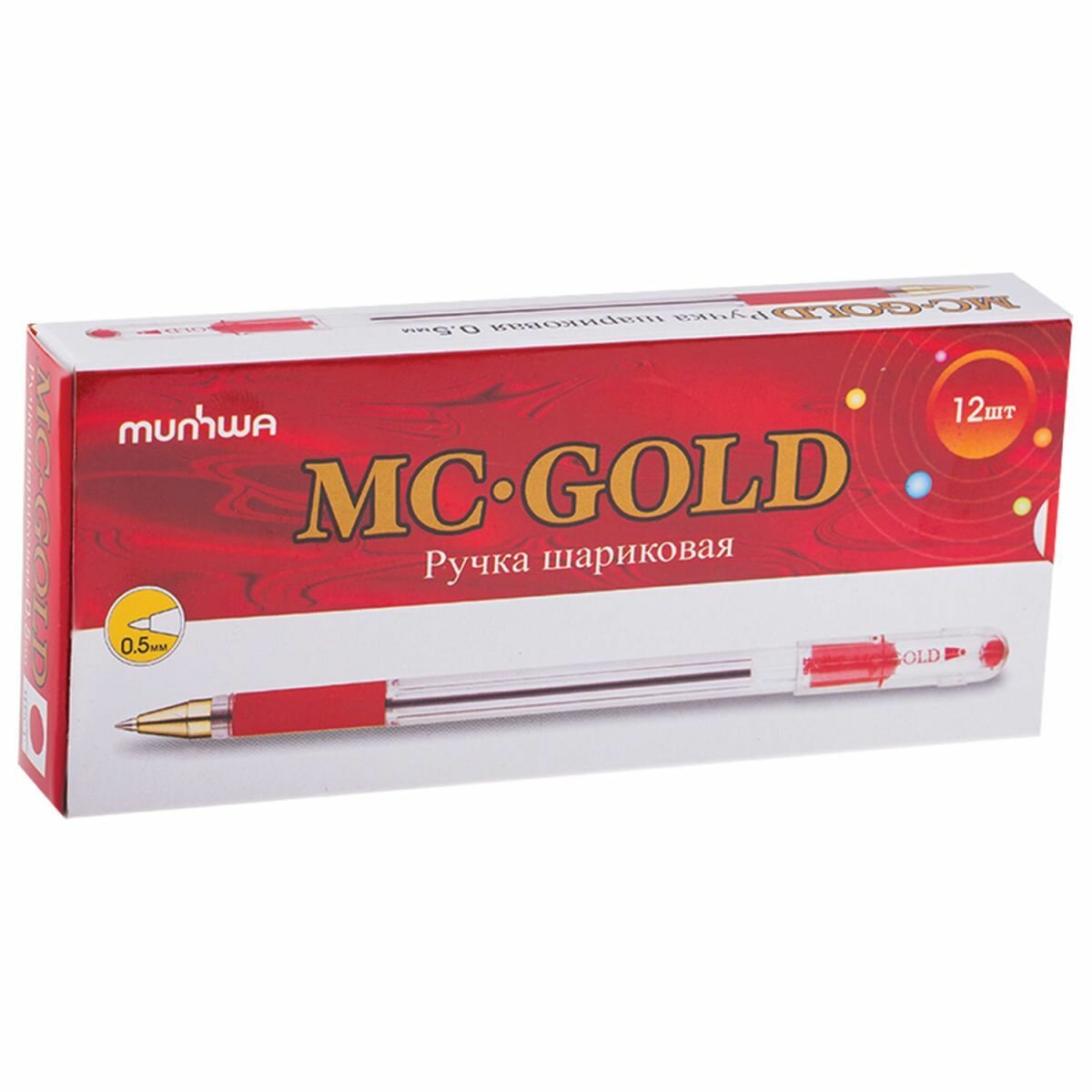Ручки шариковые MunHwa "MC Gold"(12 шт), красная, 0,5мм, ВМС-03