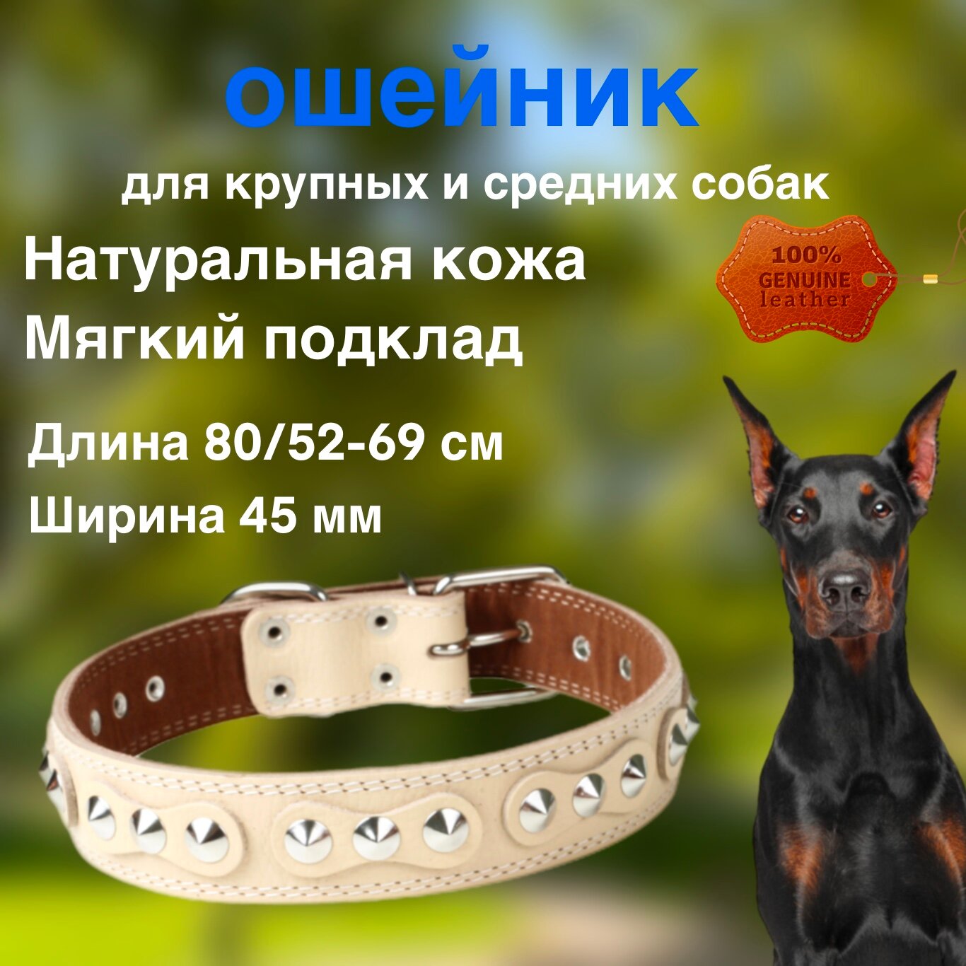 Ошейник, для собак крупных пород, из натуральной кожи, с шипами, с подкладом/бежевый