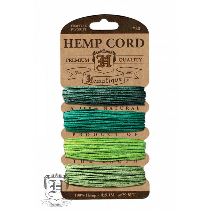 Шнуры на блистере HEMPTIQUE #20 - 1 мм 4 цвета по 91 м темно-зеленый зеленый неоновый зеленый оливковый #20 - 1 мм HEMPTIQUE HC20SOE