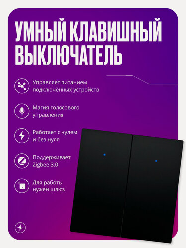 Изображение товара Умный выключатель Zigbee двухклавишный, с нулем и без нуля, черный, умный дом