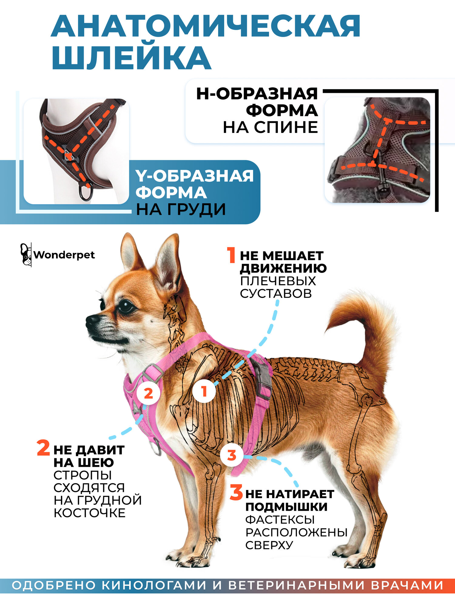 Шлейка прогулочная для собак и кошек регулируемая Wonder Pet / размер S / коричневая — фото 1