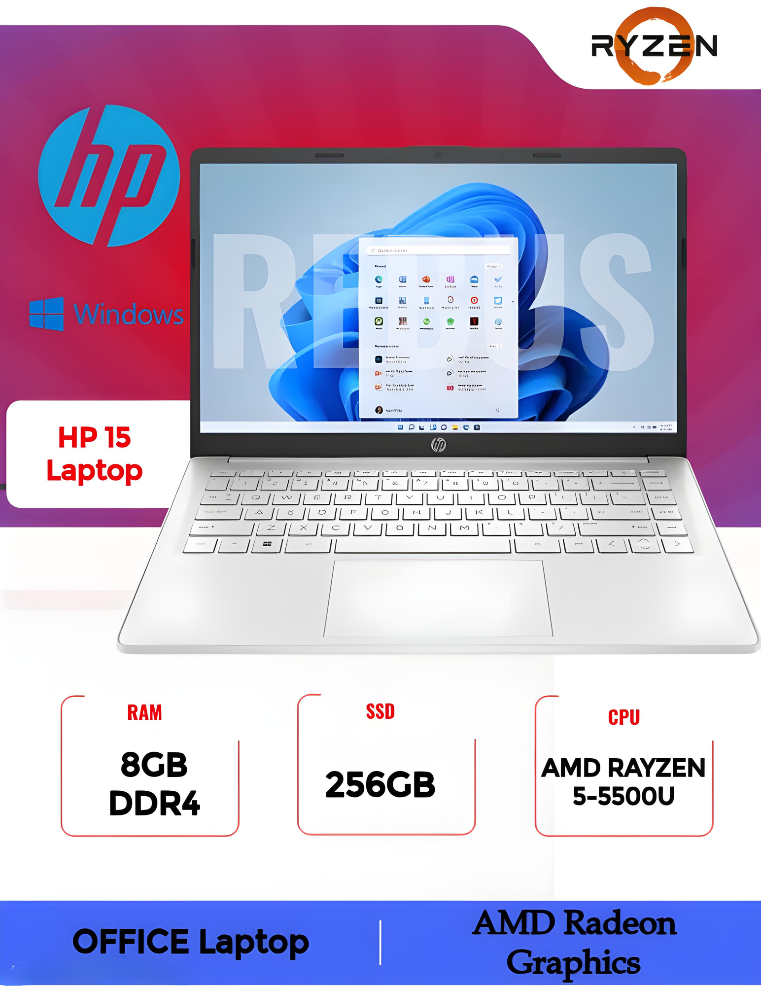 Ноутбук HP 15-ef2126wm / R5-5500U / 8GB / SSD 256GB / Windows 10 Home / 15.6", синий