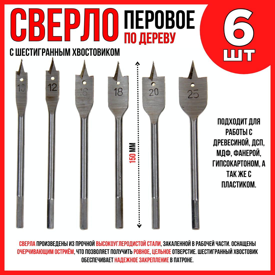 Сверло перовое по дереву/ набор 6шт./ (10 12 16 18 20 25 мм)