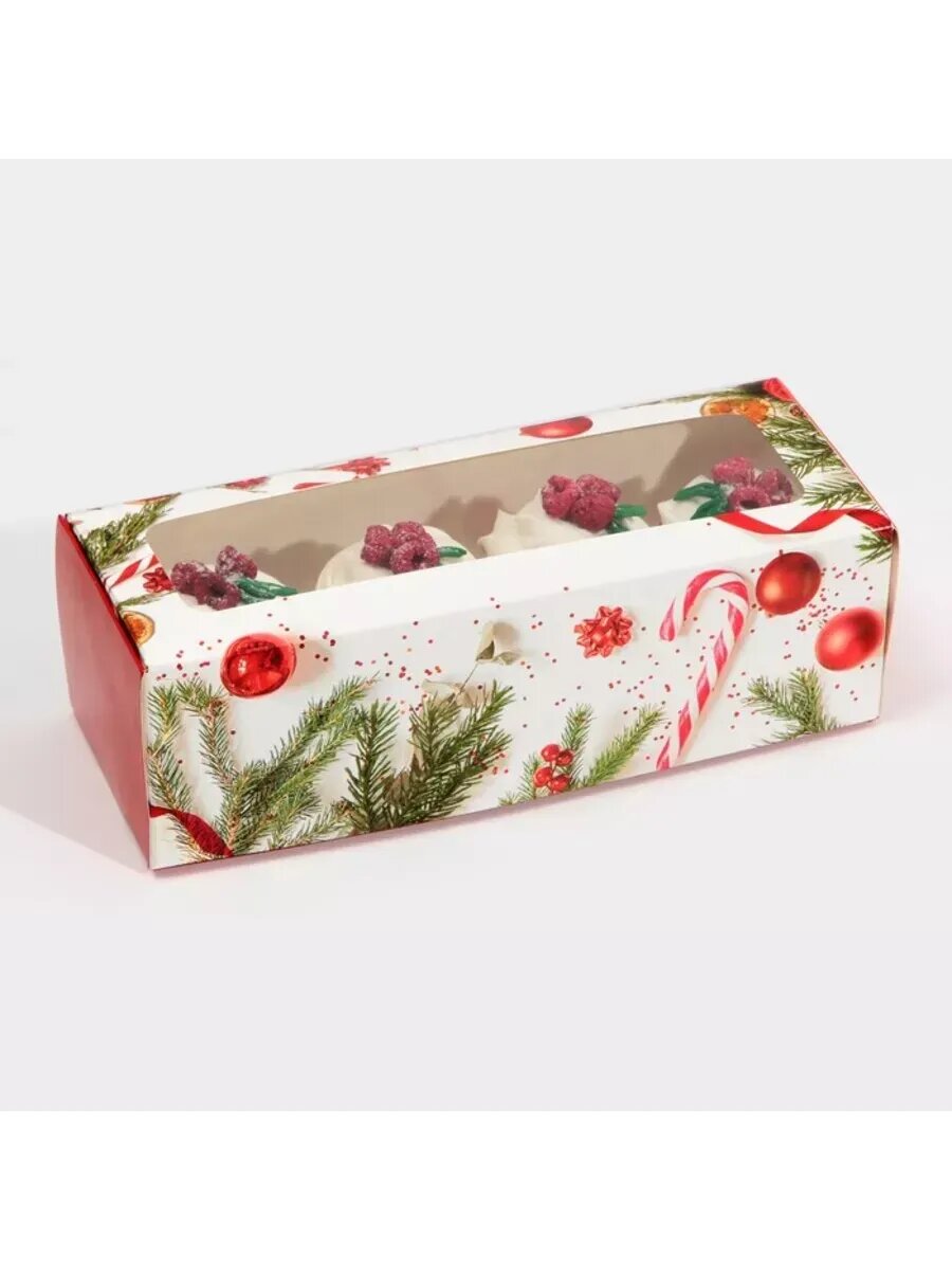 Коробка для тортов с окном, Новогодняя классика 26x10x8 см,