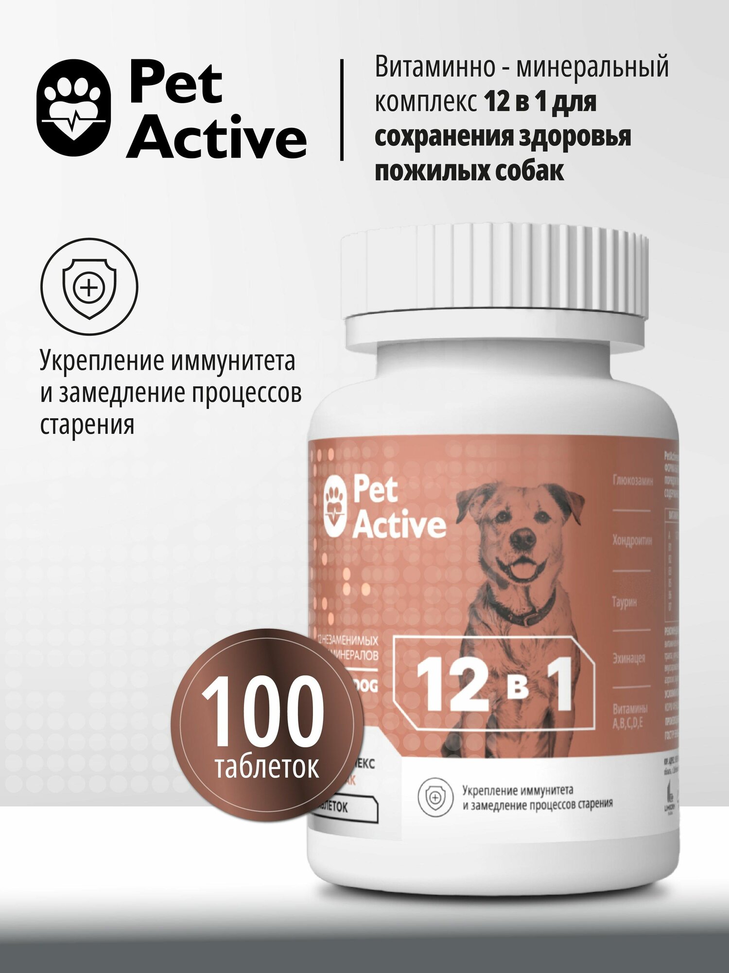 PetActive витаминно - минеральный комплекс 12 в 1 для сохранения здоровья пожилых собак, 100 таблеток