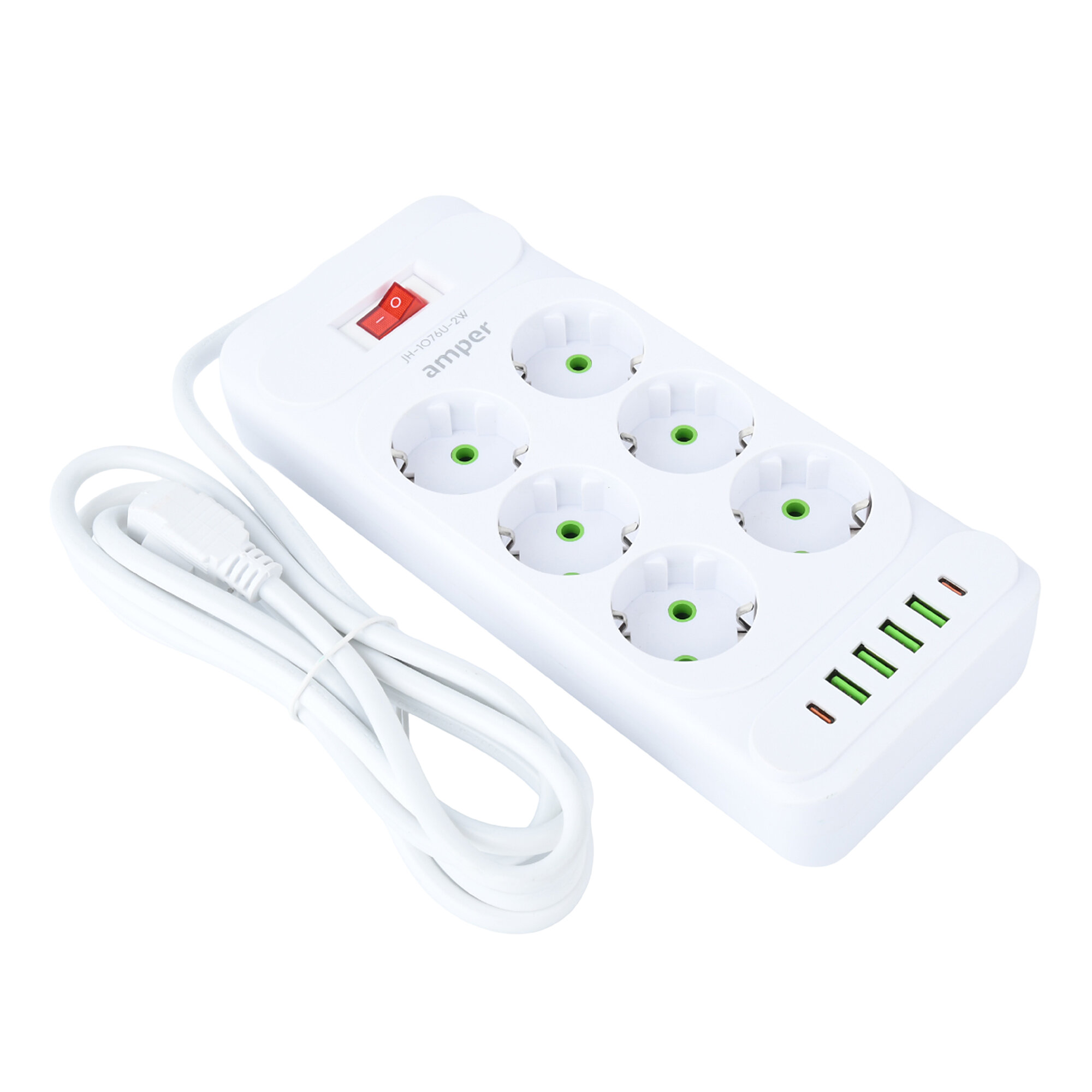 Сетевой удлинитель Amper, 2,0м, 6 розеток, 10А, 2500 Вт, 4usb,2Type-C, белый. — фото 1