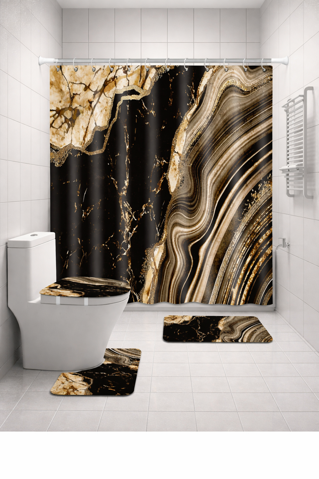 Набор для ванной комнаты 4 в 1, шторка и коврики, дизайн "Черный мрамор с золотом"