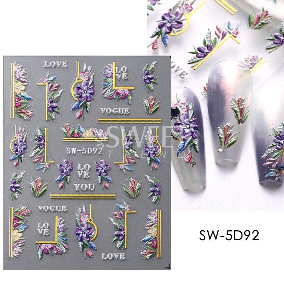 5D тисненые наклейки для дизайна ногтей SWEET TREND белые цветочные, SW-5D92