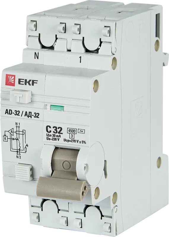 Дифференциальный автомат EKF АД-32 1P N C32 А 30 мА 4.5 кА АС