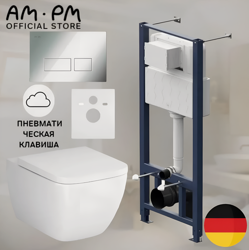 Изображение товара Инсталляция с подвесным унитазом AM.PM Hit FlashClean, пневматическая кнопка Jump S хром, микролифтом, шумоизоляция