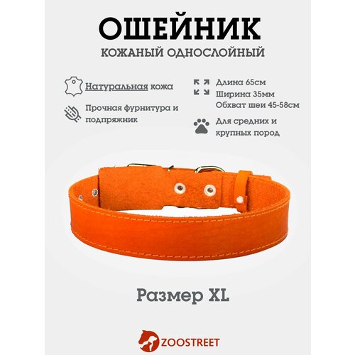 Ошейник для собак средних пород кожаный, однослойный, 35мм, 65см, с подпряжником XL