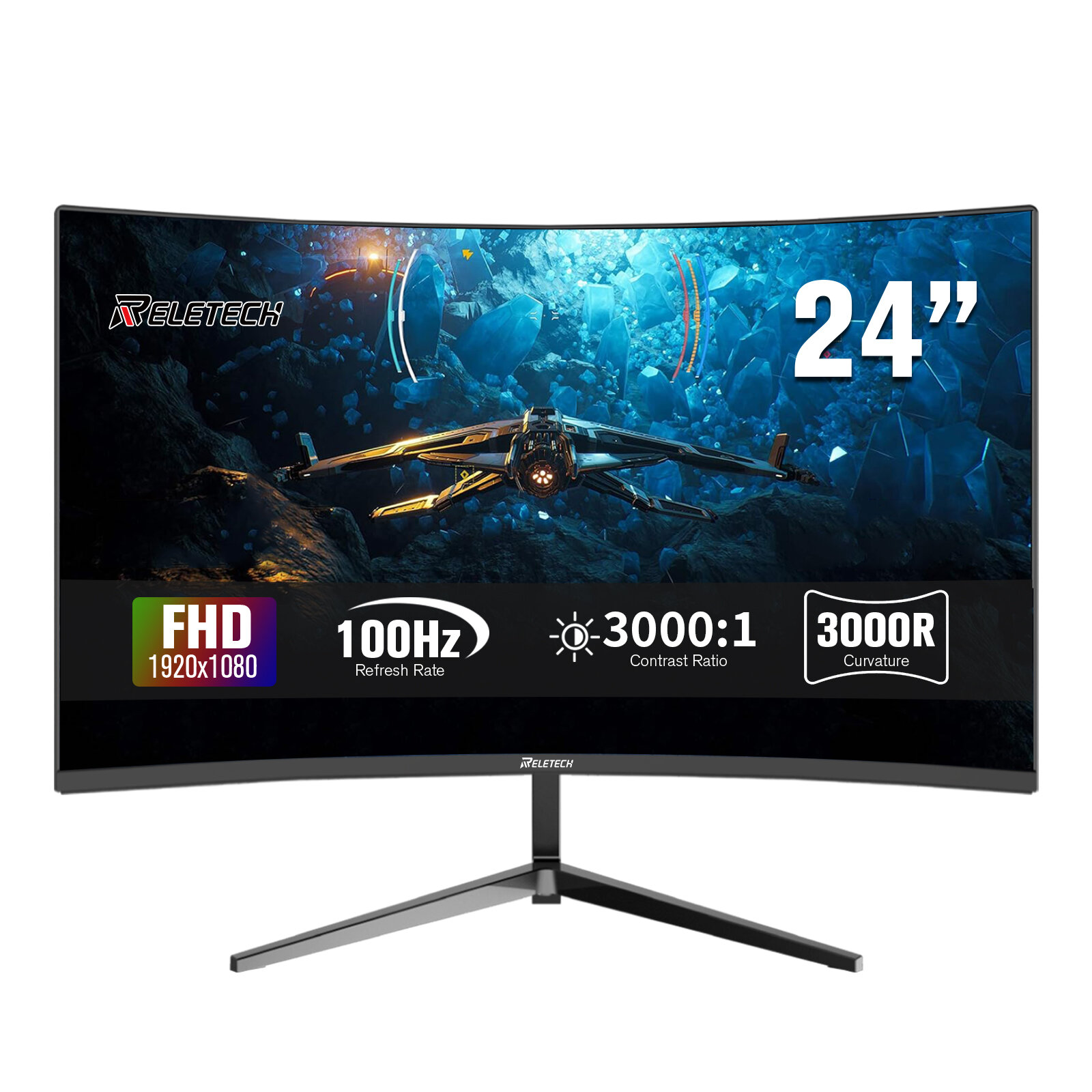 Монитор Reletech L25K60, 23.8", игровой, изогнутый, 1920x1080 FHD,100 Гц,3000R, HDMI+VGA,72% sRGB, Адаптивная синхронизация, защита глаз