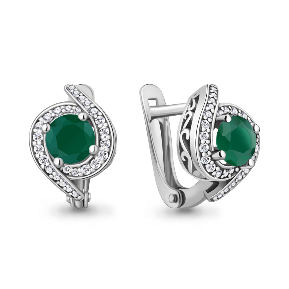 Серьги Яхонт, серебро, 925 проба, агат, фианит, , бесцветный, зеленый