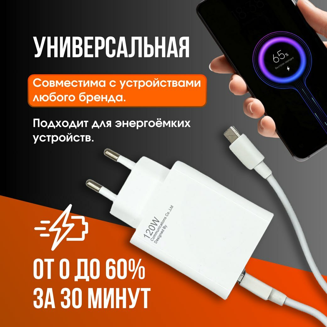 Зарядное устройство для телефона с кабелем 120W Xiaomi , блок Type C , быстрая зарядка
