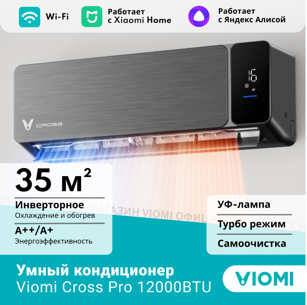 Инверторный кондиционер сплит-система Viomi Cross Pro 12000BTU, Wi-fi, Уф лампа, турбо режим, самоочистка, до 35 кв. м, черный