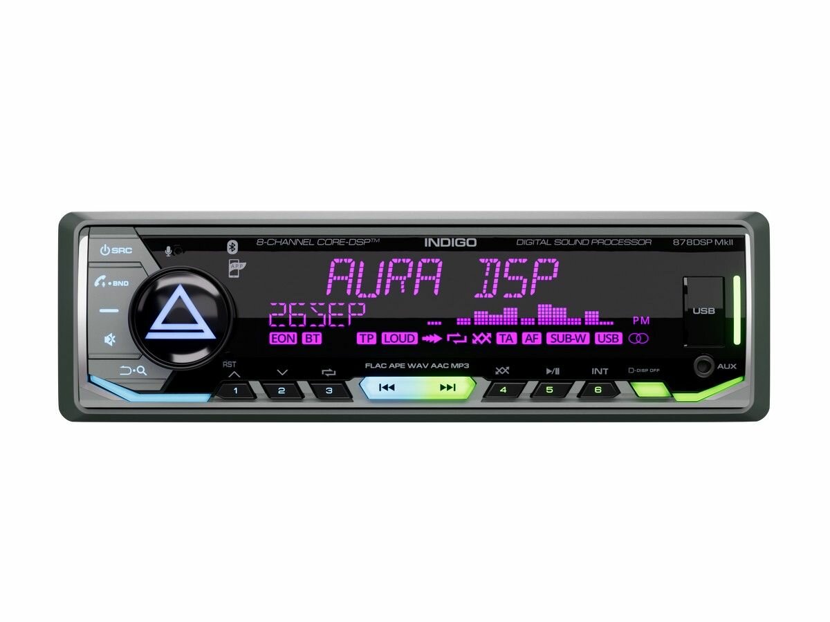 Автомагнитола AurA INDIGO-878 DSP MkII, 8 канальная, Bluetooth, 51Вт, FM, чёрный