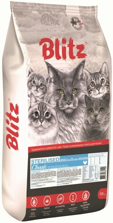 Сухой корм BLITZ STERILISED CATS CHICKEN/сухой корм для стерилизованных кошек с Курицей/10 кглизованных кошек с курицей 10кг