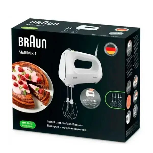 Миксер Braun HM1010WH, 4 насадки, 4 скорости, длина шнура 1.4м, вес 1.2кг, белый — фото 1
