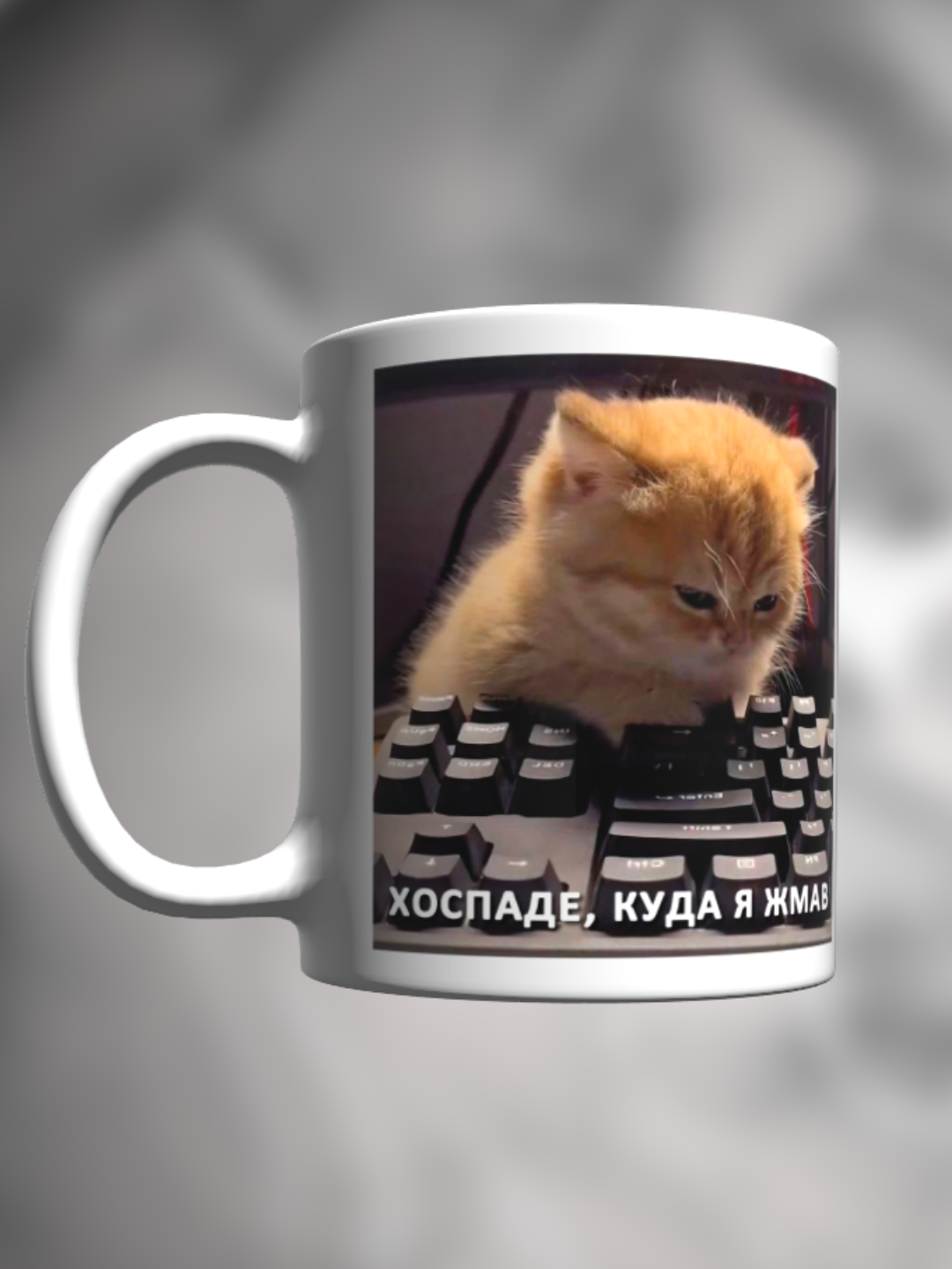 Кружка с приколом мем с котиком Хоспаде куда я жмав милый на клавиатуре — фото 1