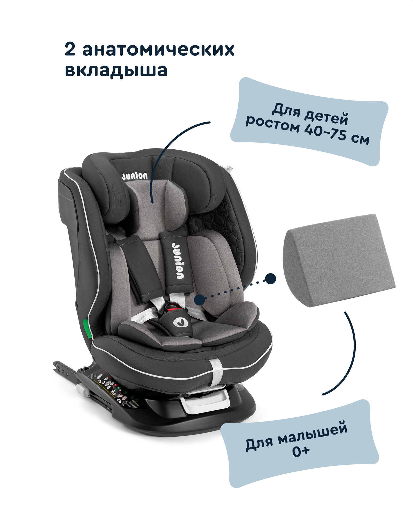 Автокресло Junion Julsi i-size группа 0+/1/2/3 (0-36 кг), 0-12 лет, 40-150 см, 360°, Isofix, чёрный — фото 1