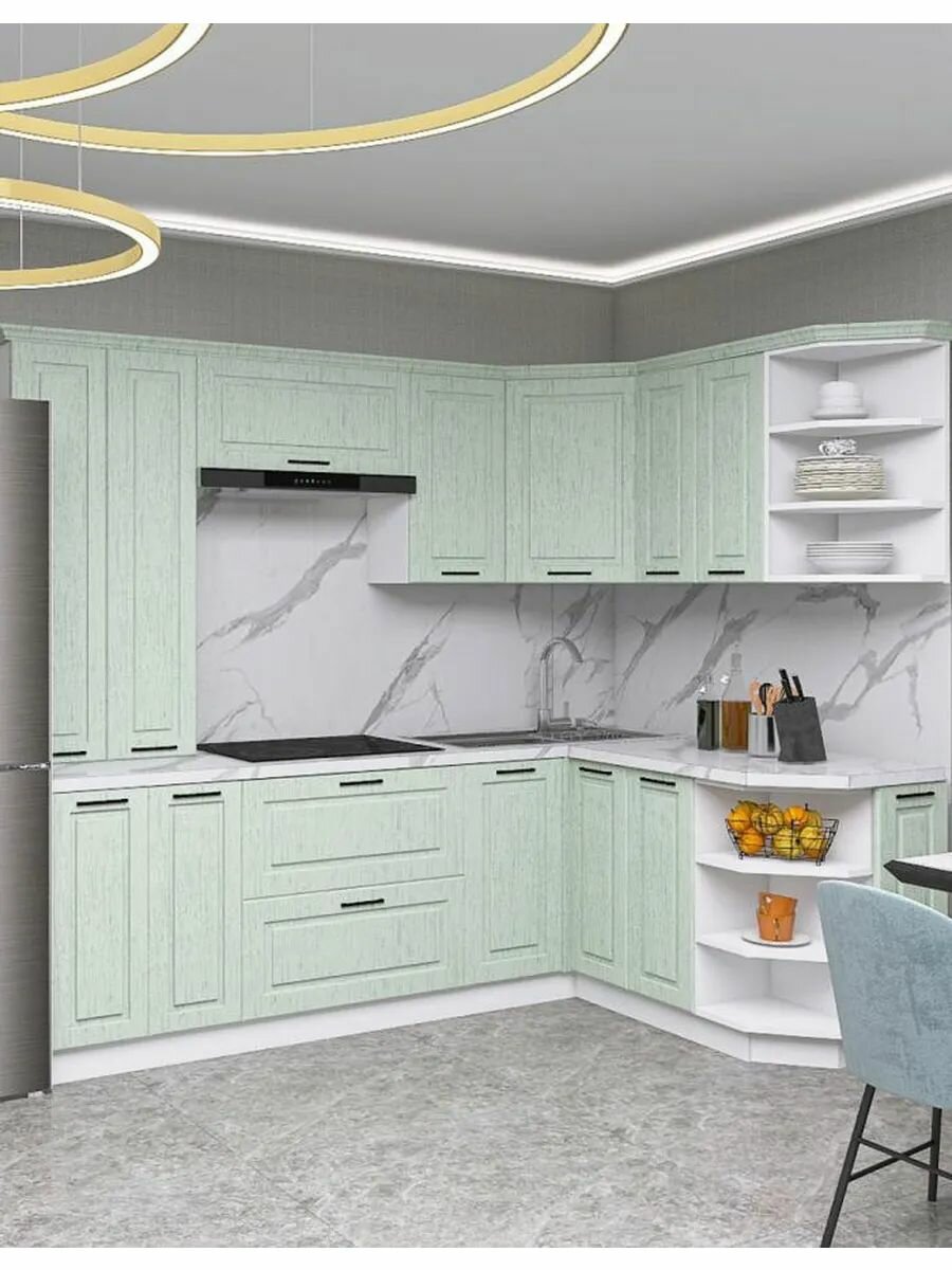 Кухонный гарнитур угловой Шервуд 2.4х1.5 м мебель для дома и кухни Белый / Шато мята