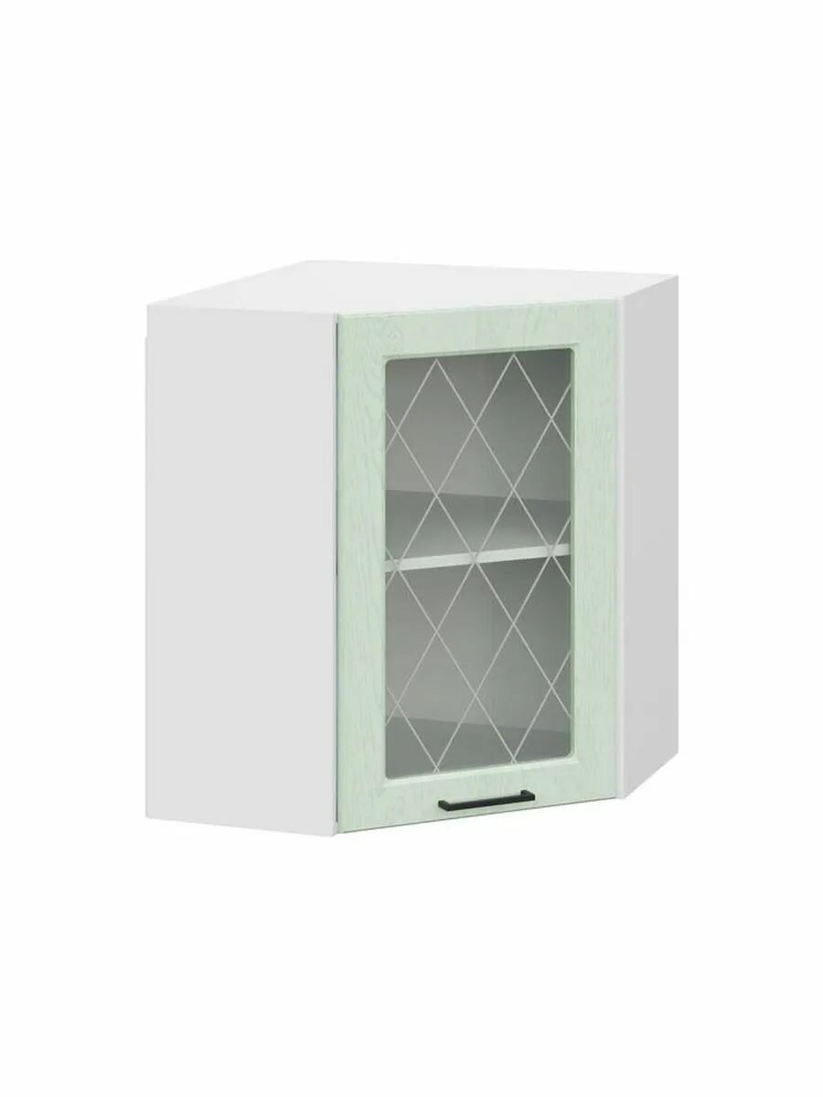 Кухонный модуль навесной шкаф угловой Шервуд с доводчиками с полками 60х60х72 см Белый / Шато мята со стеклом