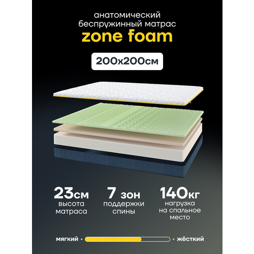 Анатомический беспружинный матрас PREMIUM Zone Foam 200х200 см, высота 23 см Darwin
