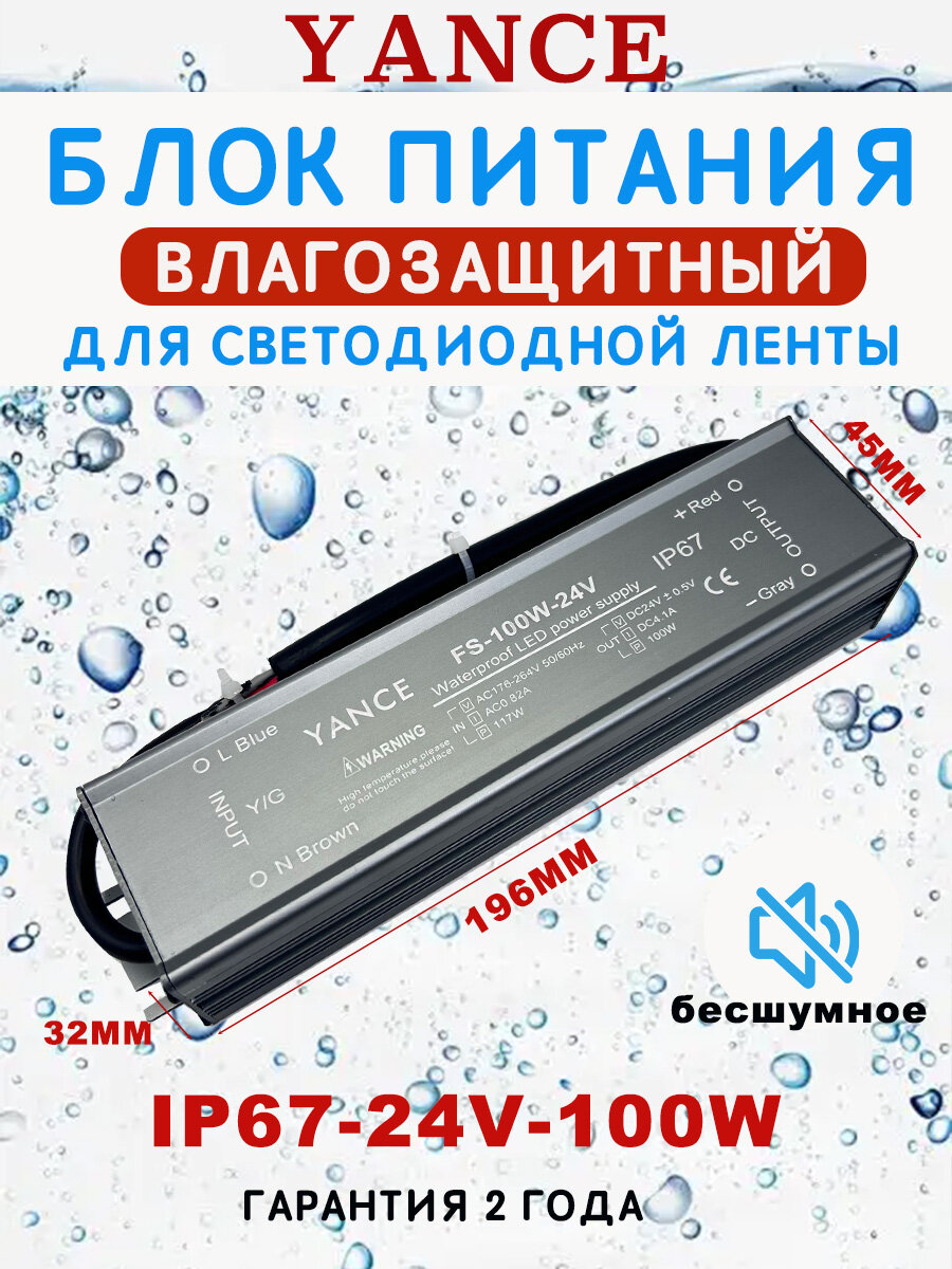 Баня Блок питания для светодиодной ленты, влагостойкий, 24В, 100 Вт, IP67