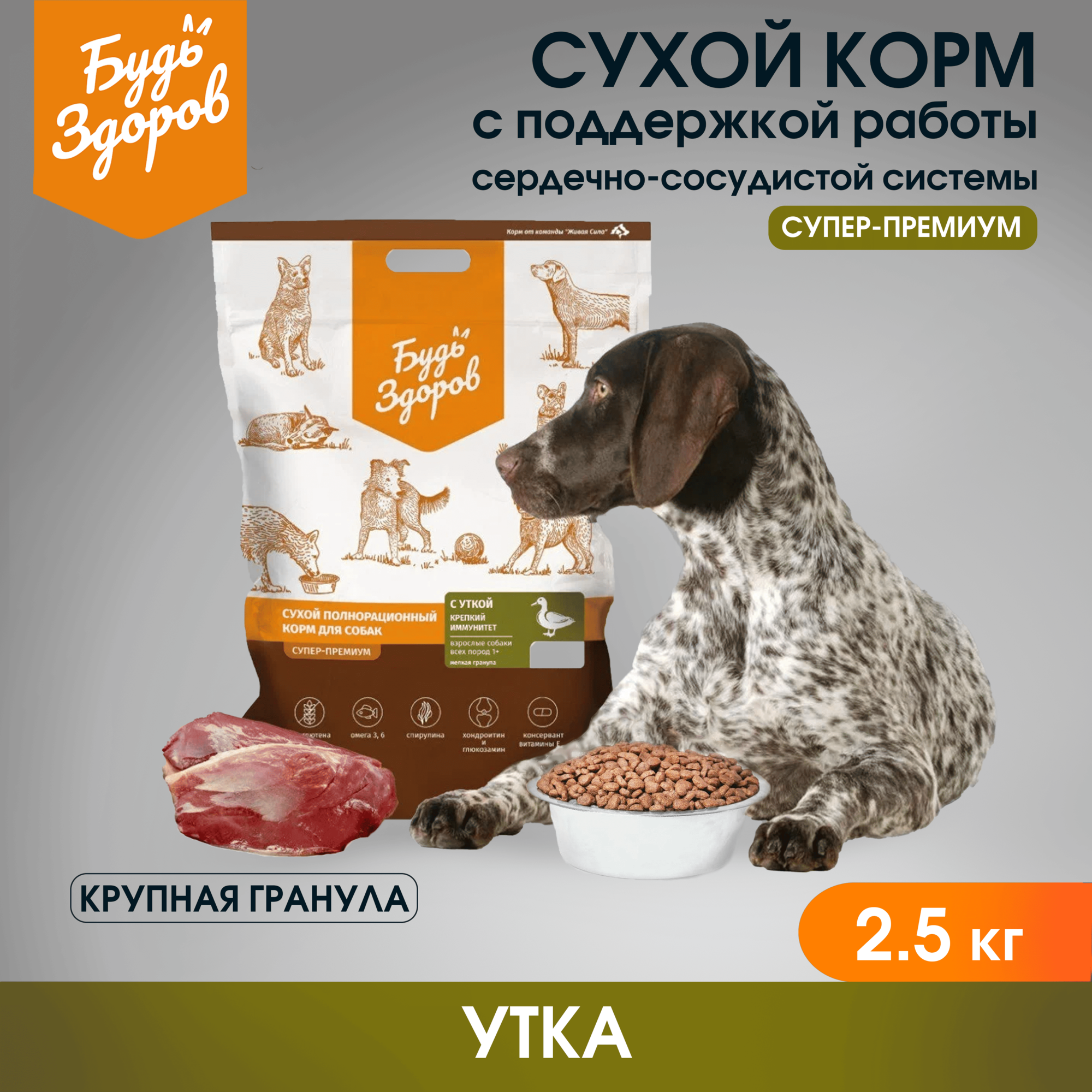 Живая Сила Будь Здоров сухой корм с уткой для взрослых собак всех пород. Крепкий иммунитет. Крупная гранула 2,5 кг