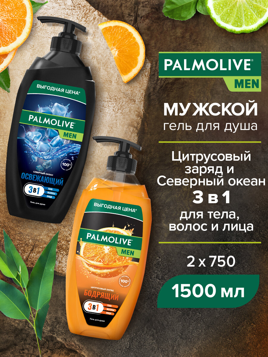 Гель для душа Palmolive men 3в1 бодрящий цитрусовый заряд, 750 мл и Освежающий северный океан, 750 мл
