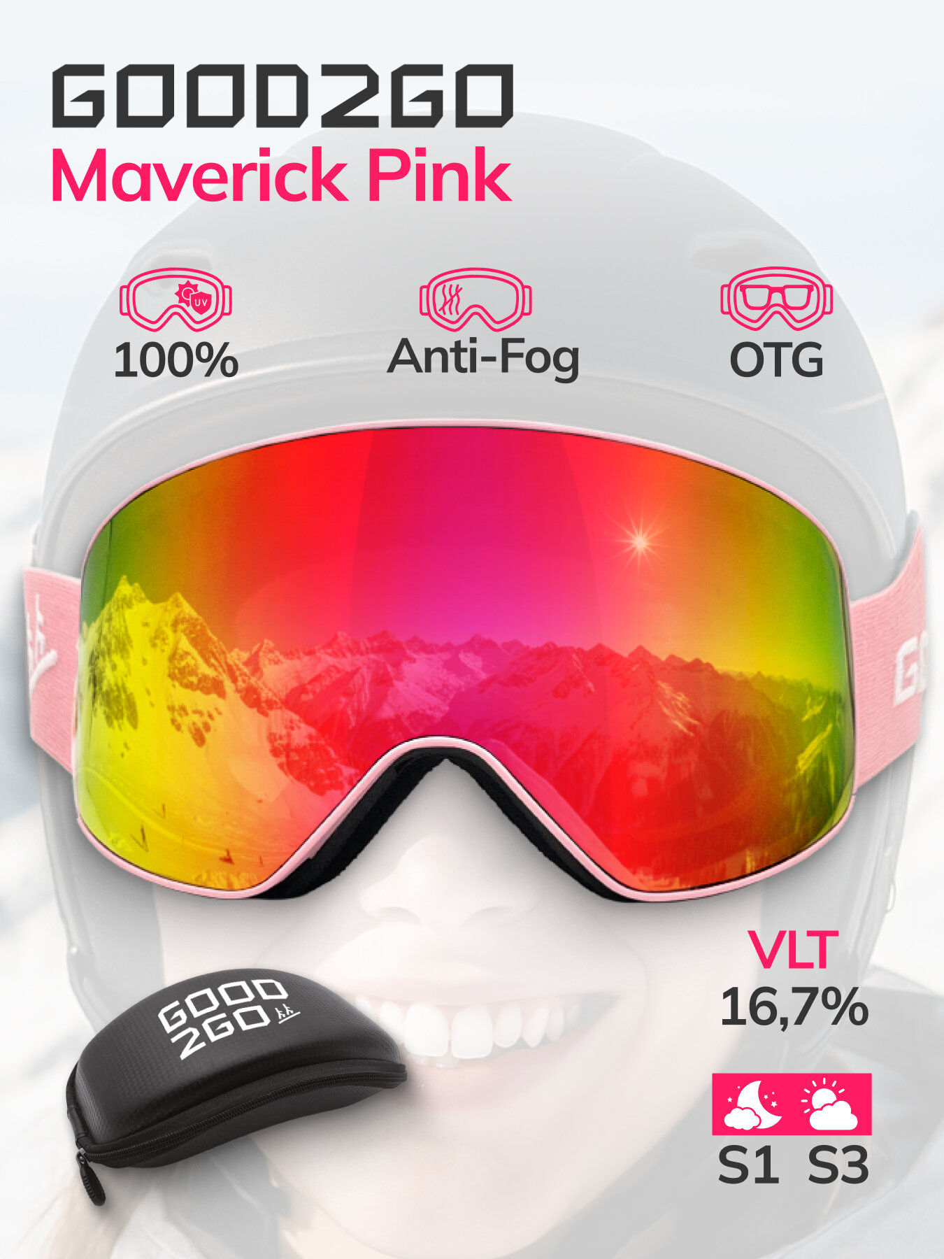 Горнолыжная маска, сменные линзы S3 / S1, розовый, Anti-Fog, защитный кофр, чехол, 100% UV-защита, антиблик