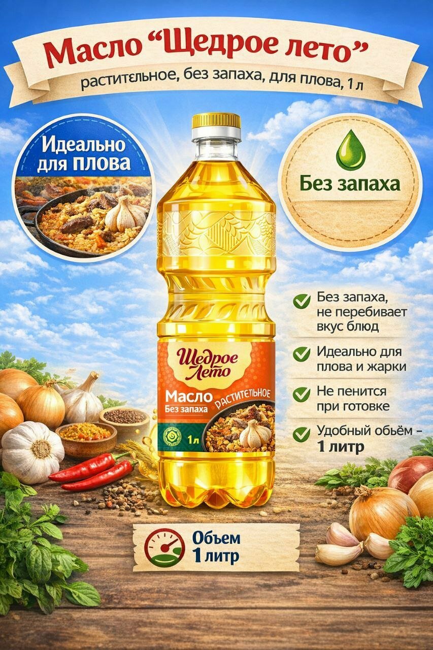 Щедрое лето масло подсолнечное рафинированное, прозрачное, светло-золотистое 1 л