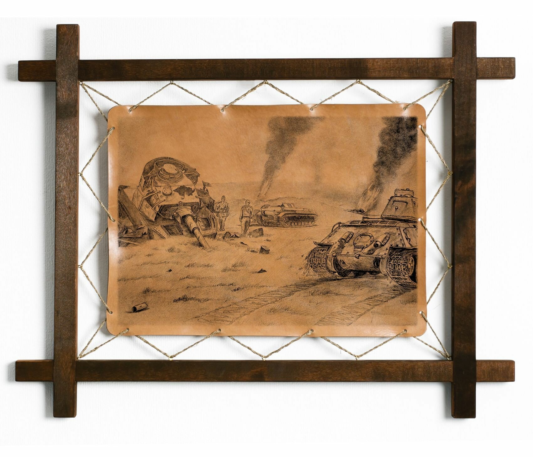 Картина "После боя", интерьерная для украшения и декора на стену в деревянной раме, подарок, натуральная кожа, BoomGift