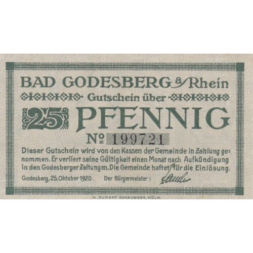 Германия (Веймарская Республика) Бад-Годесберг 25 пфеннигов 1920 г. (2) германия веймарская республика бад мергентхайм 5 пфеннигов 1920 г