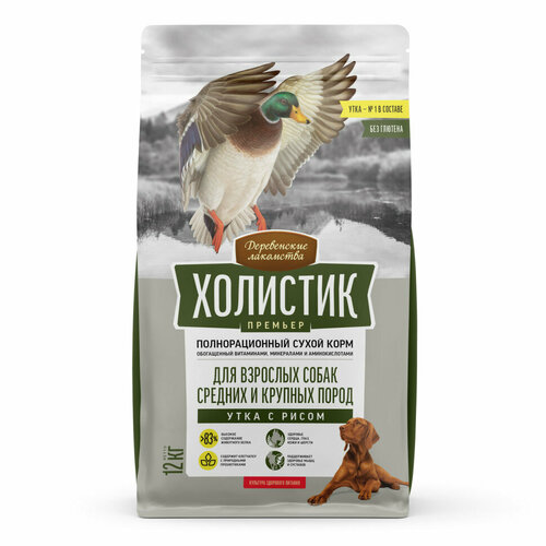 Деревенские лакомства Холистик Премьер сухой корм для взрослых собак средних и крупных пород с уткой и рисом - 12 кг