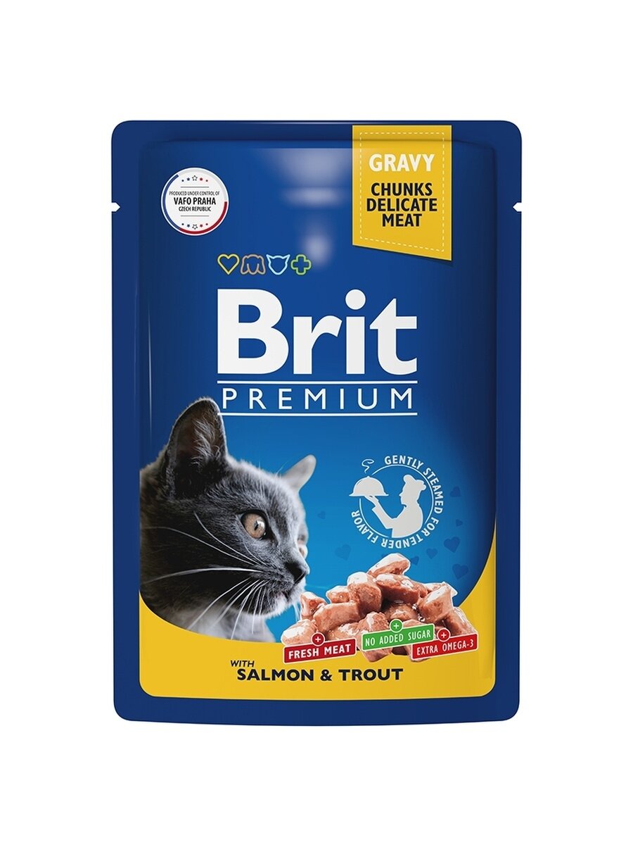 Паучи Brit Premium Cat для взрослых кошек лосось и форель в соусе 85г х 14шт.