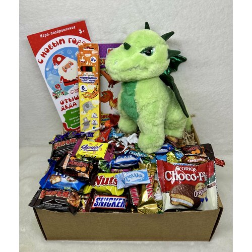 Сладкий новогодний подарок сюрприз для детей на новый год 2024, мягкая игрушка Дракон-динозавр 30 см, игра, раскраска, карандаши