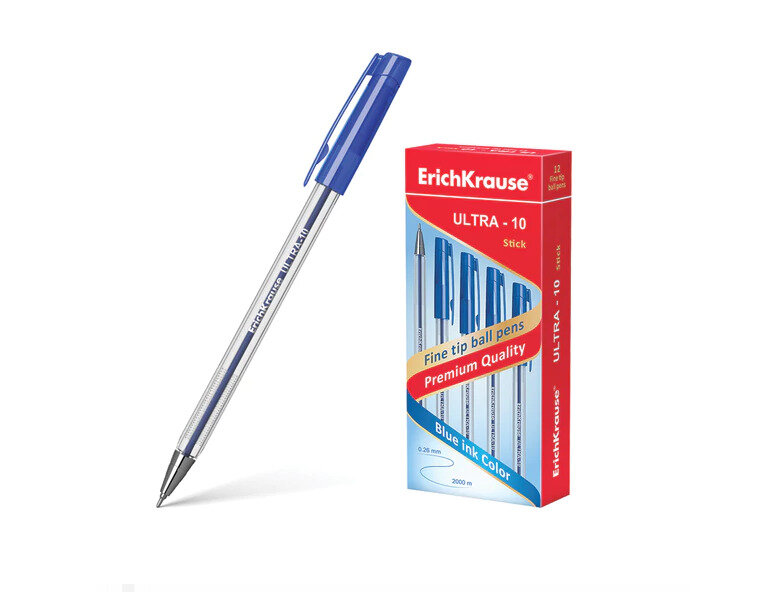 Ручка шариковая масляная ERICH KRAUSE "Ultra-10", синяя, корпус прозрачный, узел 0,7 мм, линия письма 0,26 мм, 13873 (12 штуки)