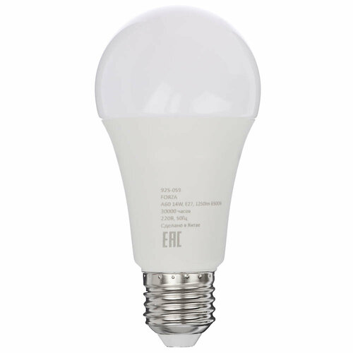 Светодиодная лампа FORZA A60, 14 Вт, E27 1250 лм, холодный белый свет 6500 К