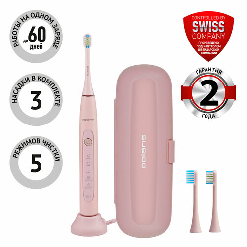 звуковая зубная щетка Polaris PETB 0503 с сумочкой и 3-мя насадками 2 жесткие 1 мягкая CN розовый 5499₽