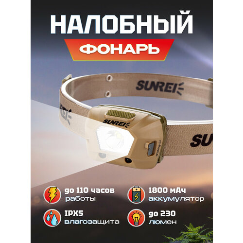 Фонарик портативный Sunree iFishing-Li Sensing Headlamp 230 лм на голову, с сенсором, 1800мАч, IPX5, до 110 часов работы без подзарядки (iFishing-Li) бежевый