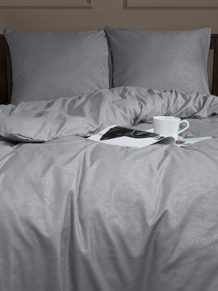 фото КПБ Amore Mio серия Мако-сатин 2-спальный Серый тиснение (2 наволочки 70х70)