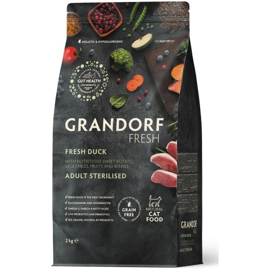Корм сухой Grandorf Fresh , беззерновой с живыми пробиотиками, свежее мясо утки с бататом для стерилизованных кошек, 2 кг