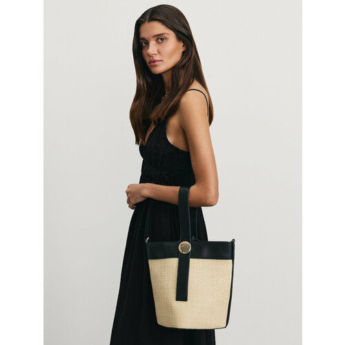 Сумка ведро Zarina, фактура плетеная, молочный