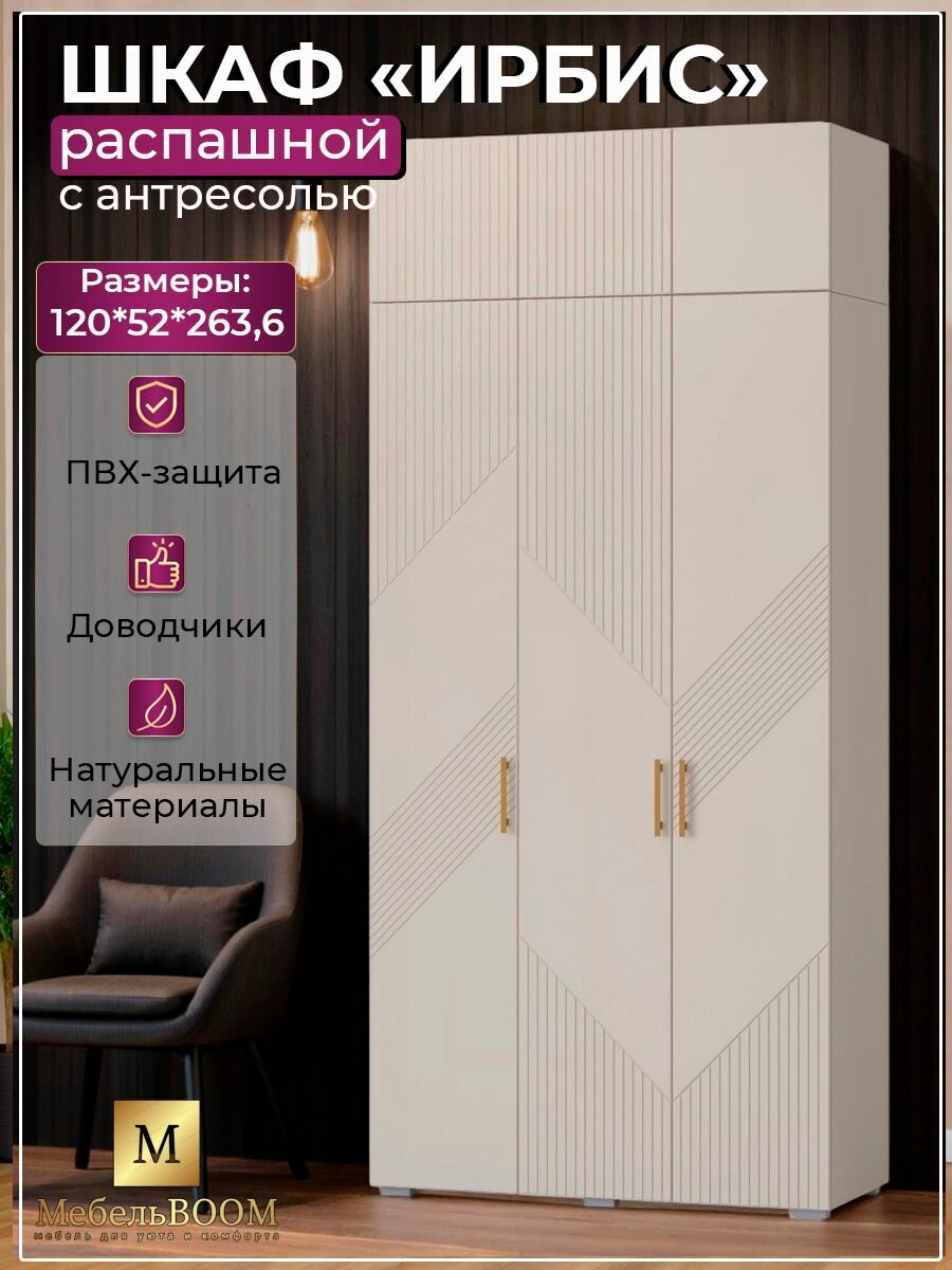 Шкаф распашной для одежды с антресолью 120 см; 1200*520*2636 мм; Кашемир