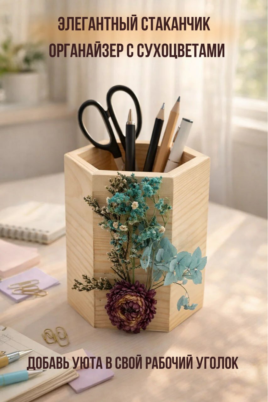Элегантный стаканчик-органайзер с сухоцветами для рабочего стола