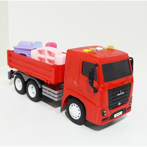 Машинка для перевозки - бортовой грузовик МАЗ - 25,7 см (инерция, свет+звук)+ мебель (7 предметов) игрушка автовышка машинка маз 25 9 см инерция свет звук